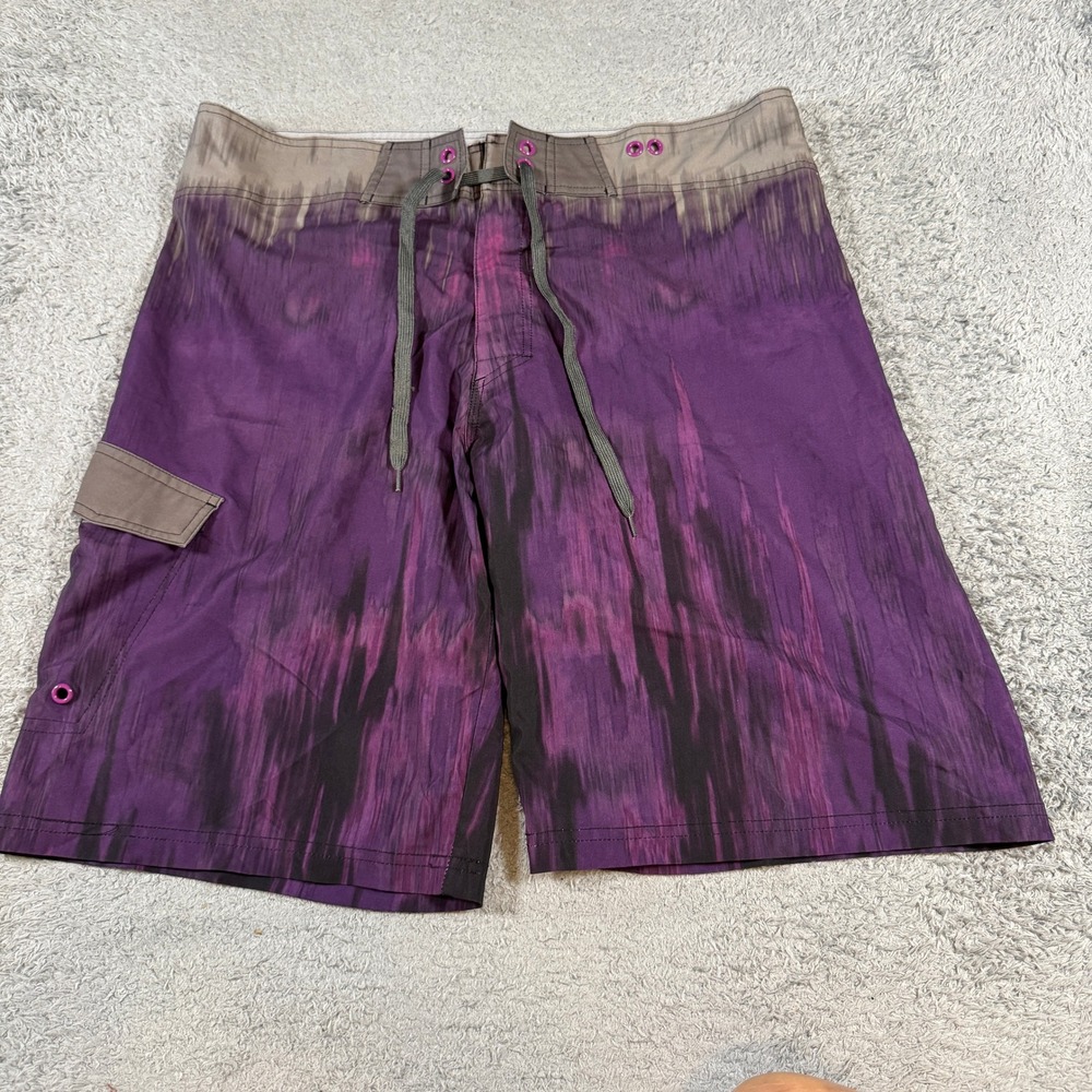 Mossimo Mens Abstract Stripe Board Shorts 36 Purple Cargo Pocket Swim Trunks